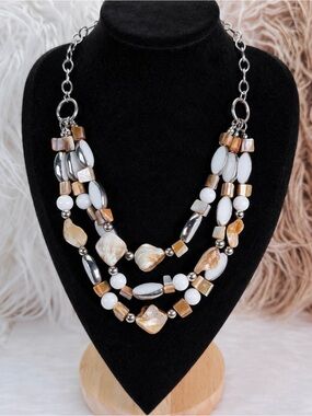 Vintage Silvertone Multi-Color Beaded three strand bohemian Island chic Necklace